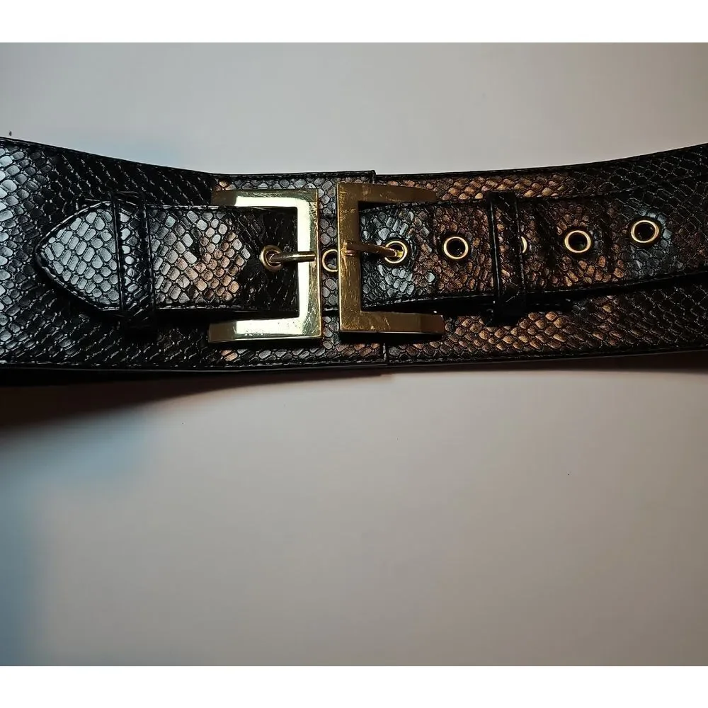 Y2K Black Faux Snakeskin Belt with Gold Buckle 26